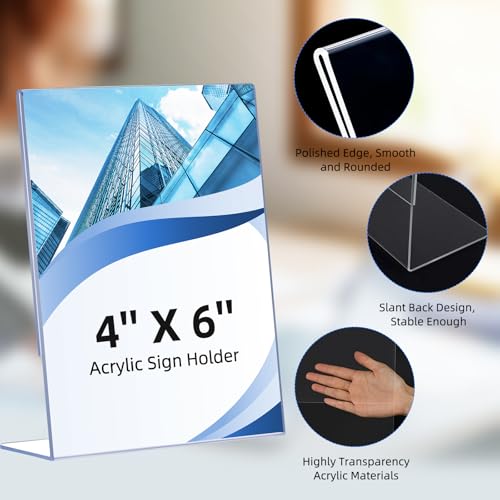 6 Pack Slanted Back Acrylic Sign Holders 4x6 for Business & Store, Tabletop Vertical Sign Holder with Anti-Slip Pads Clear...