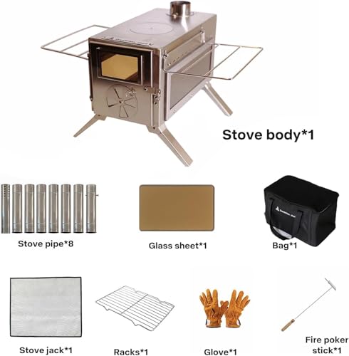 Dandelion shell Portable Camping Wood Stove with View Glass and Cooking Function, 8 Stainless Steel Chimneys for Shelter, ...