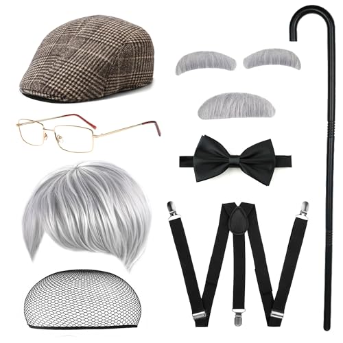 FEYIR Old Man Costume Accessories Set Old Man Wig Hat Cane Faux Eyebrows Mustache Suspenders Bow Tie for Grandpa Halloween...