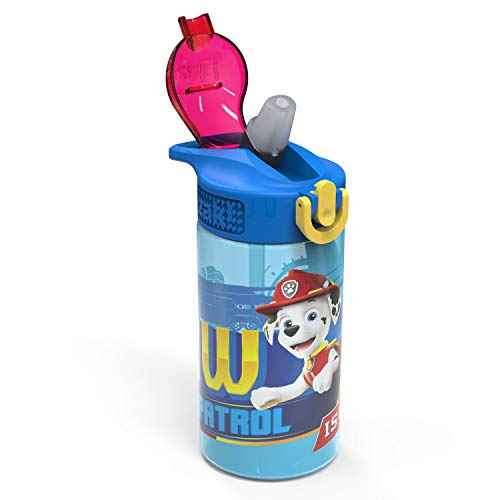 Zak Designs 16oz Kids Durable Plastic Spout Cover and Built-in Carrying Loop, Leak-Proof Water Bottle Design for Travel (16 oz, Paw Patrol Marshall),PWPT-T123