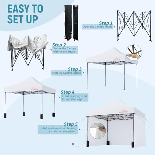 Benass 10x10 Pop Up Canopy Tent with 8 Reinforced Steel Wire Ropes, Heavy Duty Instant Canopies with 3 Removable Sidewall...