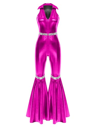ACSUSS Women's 70s 80s Shiny Metallic Disco Jumpsuit Sleeveless Backless for Rave & Themed Parties Hot Pink X-Large