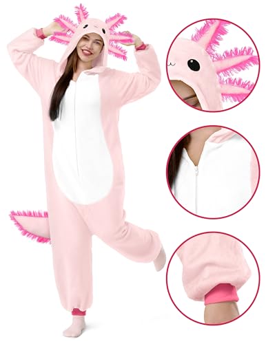 Spooktacular Creations Halloween Axolotl Costume, Kids Axolotl Costume, Zip-Up Hooded Jumpsuit for Halloween Cosplay Party