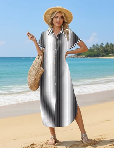 Zeagoo Womens Summer Casual Short Sleeve Button Down Long Shirt Dresses Loose Swimsuit Beach Cover Ups with Pockets
