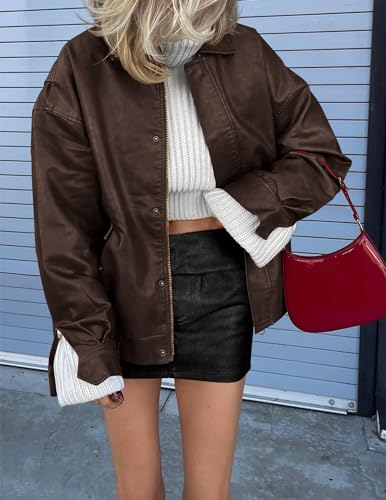 PRETTYGARDEN Women's Faux Leather Motorcycle Jacket Trendy Fall Spring Clothes Oversized Zip Up Winter Coat Outerwear