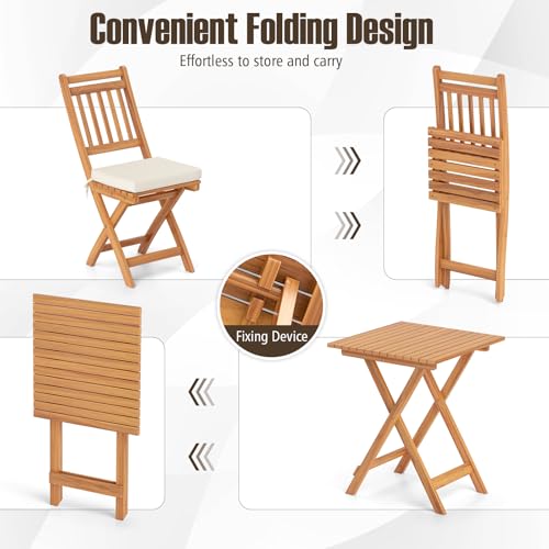 Tangkula Acacia Wood Patio Bistro Set of 3, Outdoor Folding Chair Table Set with Soft Seat Cushions, High Back Armless Cha...
