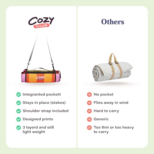 Cozy Club Waterproof Picnic Blanket Foldable Outdoor Mat with Pocket, Stakes & Shoulder Strap | Sandproof, Durable & Porta...