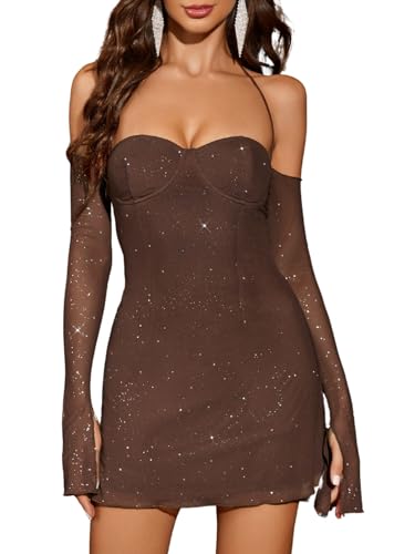 Parthea Women’s Sexy Dress Sequin Sparkly Glitter Dress Off Shoulder Long Sleeve Party Club Going Out Mini Dresses