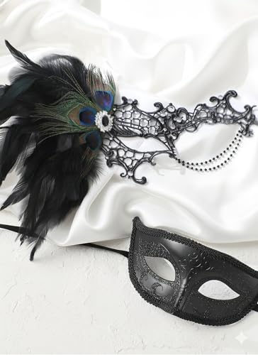 Zinniday Couples Masquerade Mask Set, 2 Pcs Masquerade Masks Set for Women Men Mardi Gras Ball Evening Party