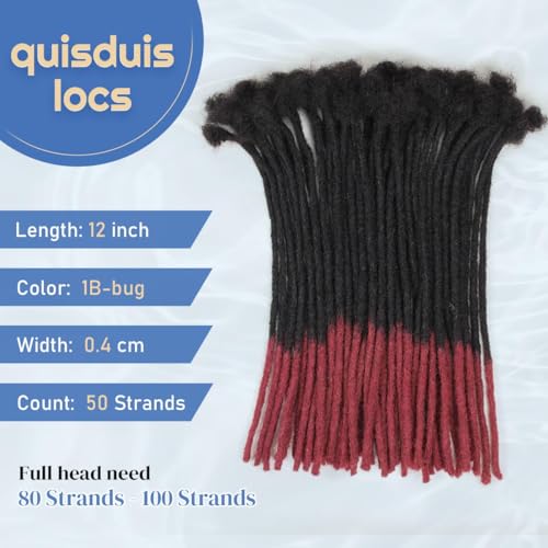 12 inch Loc Extensions Human Hair, 50 Strands Permanent Dreadlock Extension Human Hair 0.4cm Width 100% Full Handmade Dreads Can Be Dyed and Bleached Curled dreads extensions (black to red)