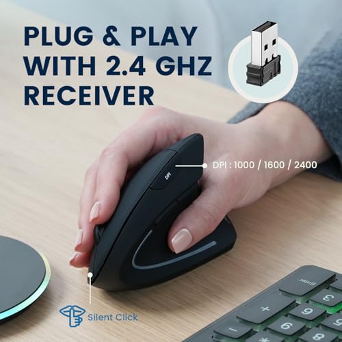 Perixx PERIMICE-713RX Wireless Rechargeable Vertical Mouse - Duo Wired and Wireless Charging Feature - Charging Pad Includ...