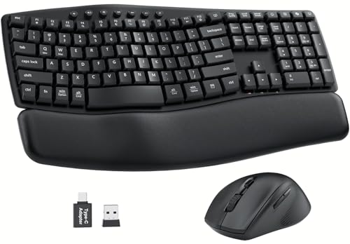 Ergonomic Wireless Keyboard and Mouse Combo, 30dB Quiet Full Size Keyboard Set with Wave Keys & Soft Palm Rest, Dual-Syste...