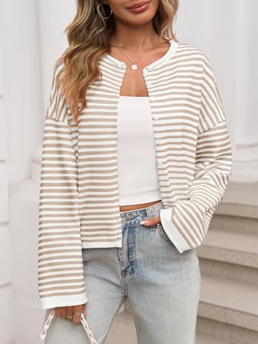 Saodimallsu Womens Striped Cardigan Casual Long Sleeve Open Front Button Down Loose Knit Lightweight Fall Sweaters