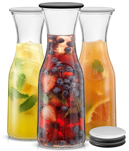 JoyJolt Glass Carafe with Lid, Set of 3 – 1 Liter Glass Pitcher for Mimosa Bar, Water, Iced Tea, Juice, Wine, Lemonade, Mi...
