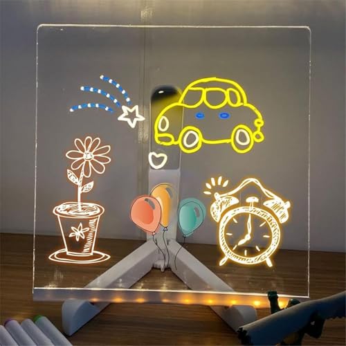 Creative Rewritable Acrylic LED Message Board, LED Note Board with 7 Colors, Light up Dry Erase Board with Stand and 7 Col...