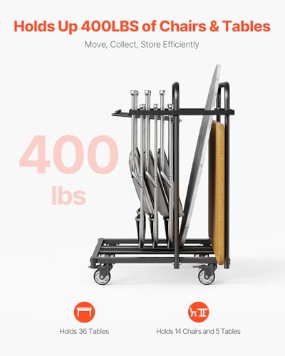 VEVOR Folding Chair Rack, 400 LBS Capacity, Heavy-Duty Chair Cart for 5 Tables+14 Chairs, Chair Storage Dolly Chair Holder...
