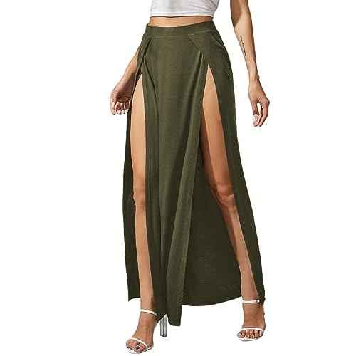 Verdusa Women's Elastic Waist High Split Wrap Flowy Long Maxi Skirt