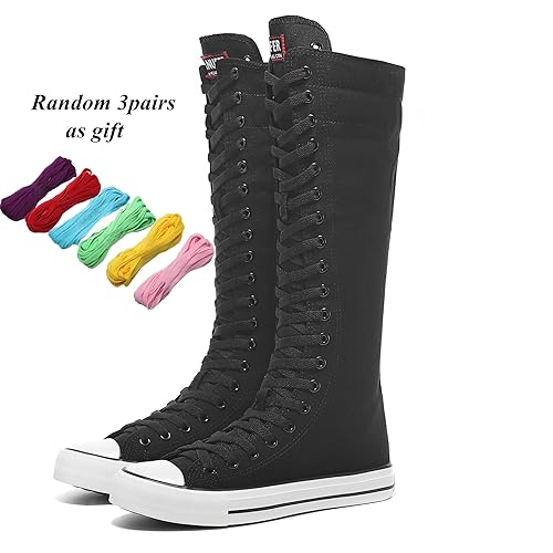 rismart Women's Tall Canvas Boots Knee Length Lace Up Punk Dancing Sneakers