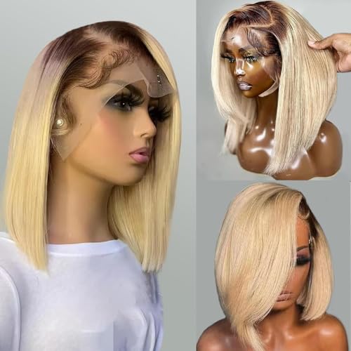 Ombre Blonde Bob Wig Human Hair Glueless 13x4 Lace Front Wigs Bleached Knots Pre Plucked Dark Roots 1B613 Blunt Cut Bob Wigs with Baby Full 180% Density Lace Frontal Wigs Middle Part 12¡±