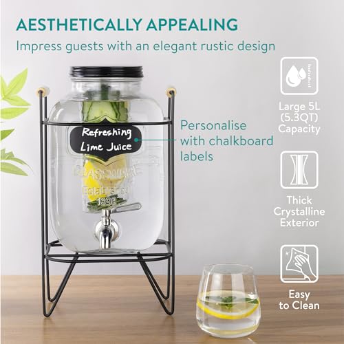 Navaris Glass Jar Drink Dispenser with Tap - Includes Metal Stand, Ice Tube, and Fruit Infuser - For Cocktail, Lemonade, W...