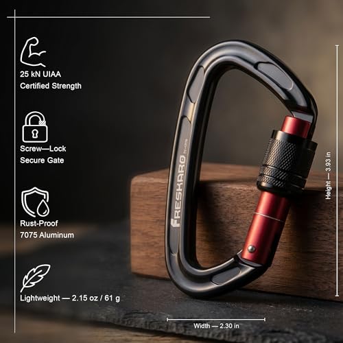 FresKaro 4inches 25kN-5621lbs Climbing Carabiners, UIAA CE Certified, Screw Lock, 7075 Aluminium, Lightweight, Rust Proof,...