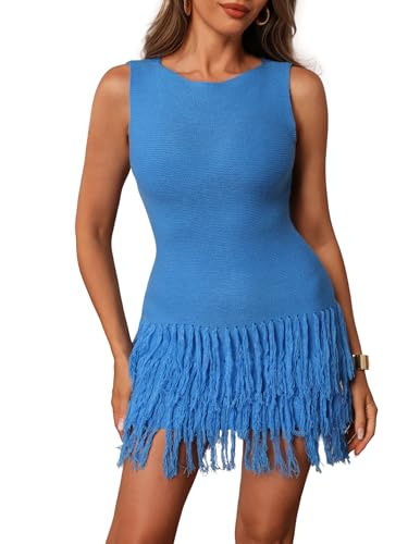 winkbay Women's Fringe Sleeveless Mini Dress Crew Neck Bodycon Knit Party Club Dresses