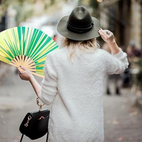 Folding Hand Fan, 13 Inch Glitter Green Rave Decorative Hand Fans for Line Dancing Handheld Crafts for Festivals, Rainbow ...