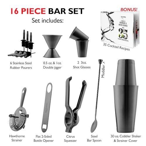 JoyTable Bar Set Cocktail Shaker Set - Stainless Steel Mixology Bartender Kit, 16PC Cocktail Kit, Black Cocktail Set, Bar ...