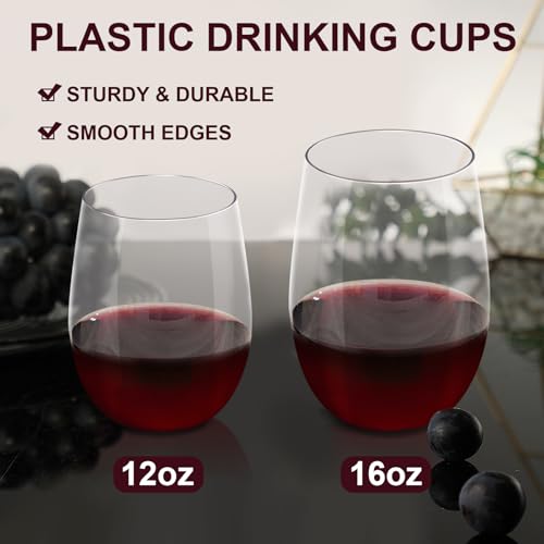 Lamosi 24 Pack Plastic Wine Glasses Disposable, 16 oz Stemless Wine Glasses for Party, Reusable Crystal Clear Plastic Cup...