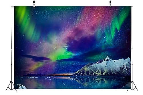 BELECO 7x5ft Fabric Gorgeous Northern Lights Backdrop Norway Aurora Borealis Alaska Snow-Capped Mountains and Sea View Bac...
