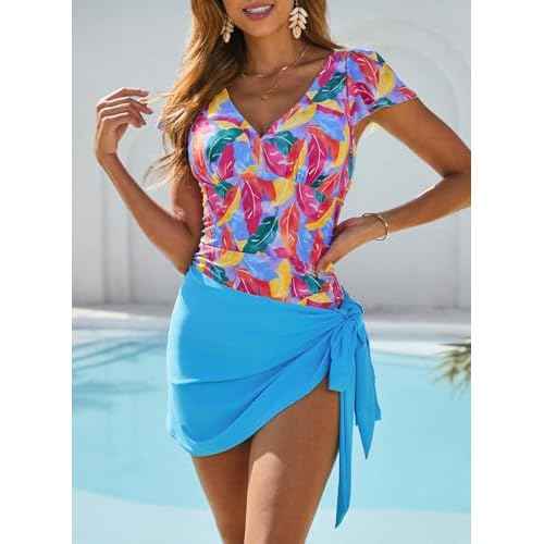 Dokotoo Women's One Piece Swimsuits with Cover up Wrap Skirt Tummy Control V-Neck 2 Piece Padded Bathing Suits