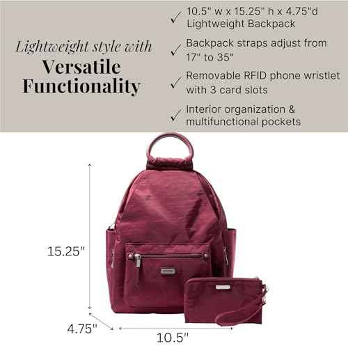 Baggallini All Day Backpack with RFID Phone Wristlet - Lightweight Travel Backpack for Women