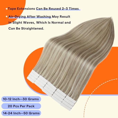 Full Shine Tape in Extensions Human Hair 24 Inch Hair Extensions Real Human Hair Color 18 Fading to 613 Ash Blonde Highlight Tape in Extensions 50g Invisible Hair Extensions Tape Ins 20Pcs