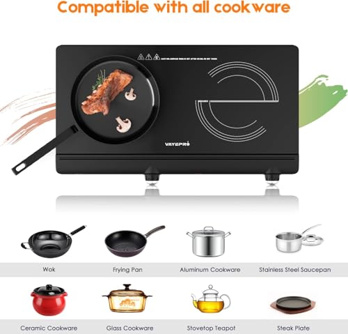 Infrared Double Burner Electric Cooktop - 1800W Portable Stove, Heat-up In Seconds, Countertop Cooktop for Dorm, Compatibl...