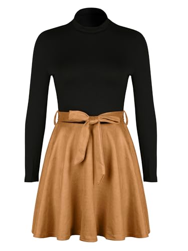 CUPSHE Women's Fall Dresses Long Sleeves Round Neck Casual Outfits A Line Work Belted Vacation Mini Sundress
