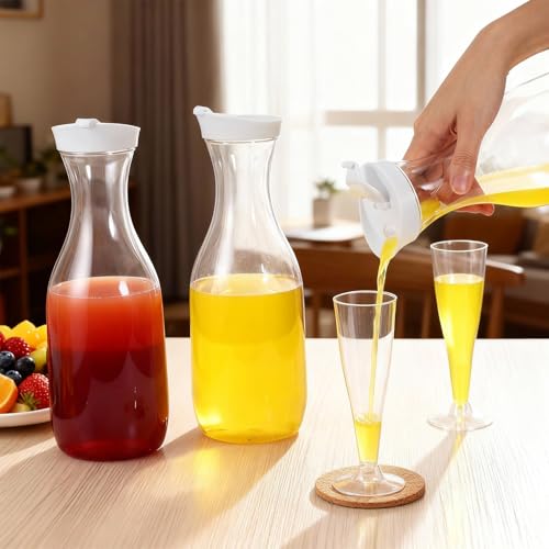 Rtteri 64 Pcs Mimosa Bar Supplies 4 Count Large 50 oz Plastic Water Carafe with Flip Top Lid, 60 Count 4.5 oz Clear Plasti...
