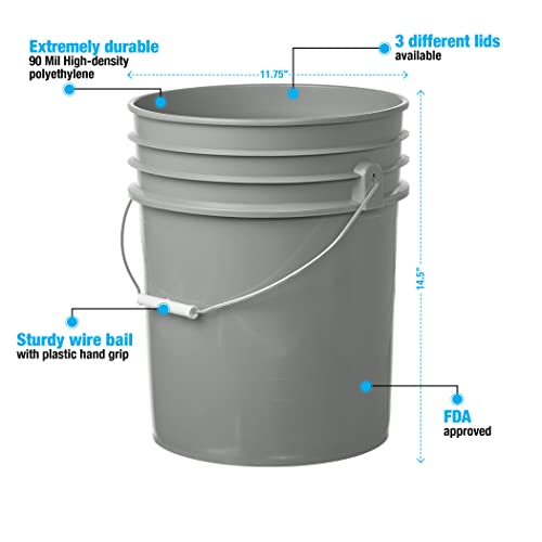 Hudson Exchange Premium 5 Gallon Bucket, HDPE, Gray, 6 Pack