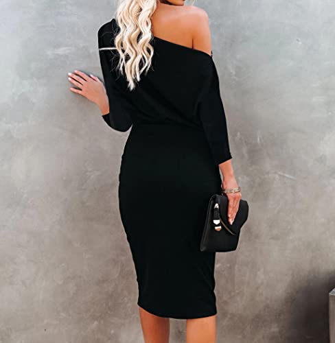Ezbelle Women's Off The Shoulder 3/4 Sleeve Batwing HIPS-Wrap Pencil Party Sexy Bodycon Midi Dress Loose