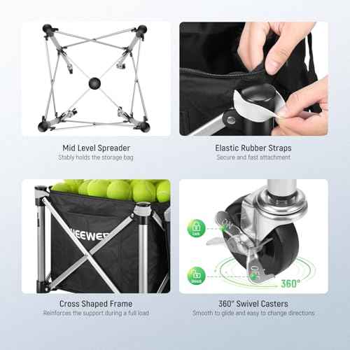 NEEWER Wheeled Ball Hopper Foldable Rolling Caddy Cart with Storage Bag, Three Accessory Side Pockets, Basket Holder for Up to 175 Tennis Balls or 120 Pickleballs, No Assembly Needed, TB02X