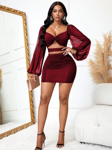 GothDark Womens Sexy Mesh Dress Bodycon Cut Out Puff Sleeve Ruched Party Club Homecoming Mini Dresses
