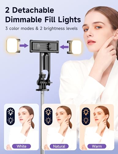 53'' Selfie Stick Tripod with Light, Extendable Selfie Stick with Remote, Portable Cell Phone Tripod Stand with All in 1 P...