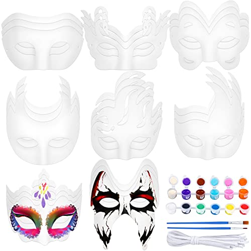 Elcoho 24 Pieces White Paper Masks Half Face Masquerade Masks DIY Hand Painted Mask with Tether Paints Brushes Mardi Gras ...