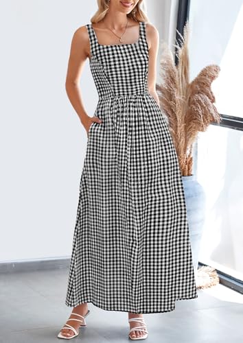 PRETTYGARDEN Women's 2026 Summer Spaghetti Strap Maxi Dresses Plaid Square Neck A Line Casual Beach Vacation Long Sundress