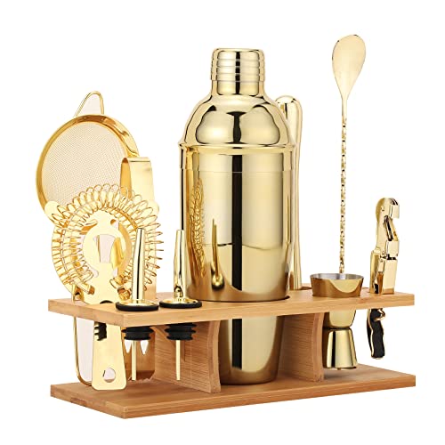 JNWINOG Shakers Bartending, 11Pcs-Cocktail Shaker Set Gold Drink Mixer with 25oz Martini Shaker,Muddler,Bar Spoon and More...