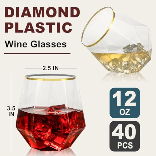 Goodluck 40 PCS Diamond Stemless Plastic Wine Whiskey Glasses, 12 Oz Disposable Cocktail Glasses, Suitable for Weddings, B...