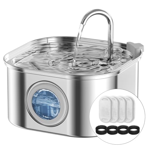 NautyPaws Cat Water Fountain Stainless Steel: 108oz/3.2L Automatic Pet Water Fountain - Dog Water Dispenser with Water Lev...