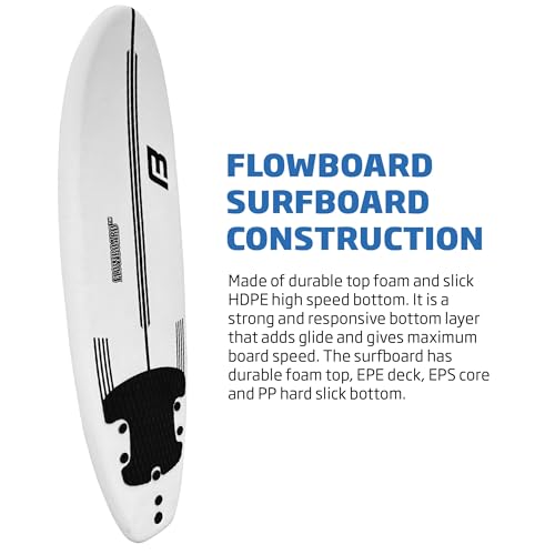 FLOWBOARD Surfboard Softboard Foam - Include (3) Fins 6’ Foot Leash and (2) Wood Stringers Inside Board Availalable in 6' ...
