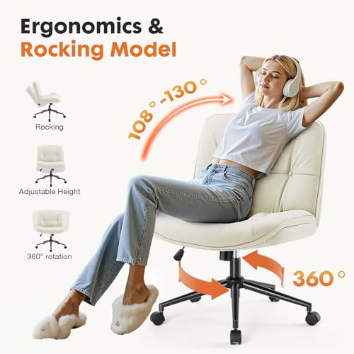 Sweetcrispy Criss Cross Chair with Wheels, Wide Seat PU Leather Armless Office Desk Vanity Chair, Comfortable Adjustable S...