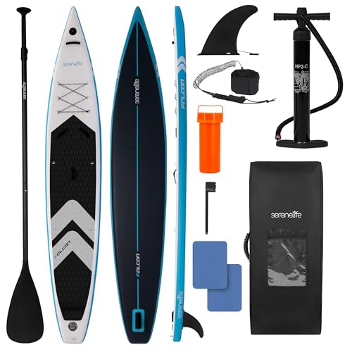 SereneLife 14’ Inflatable Stand Up Paddle Board for Racing – 28” Narrow Design for Expert Paddlers with Non-Slip EVA Deck ...