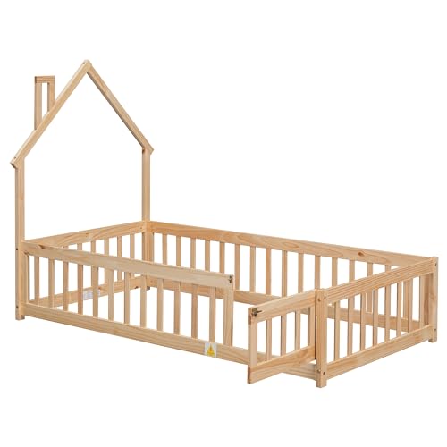 Lighluxstly Twin Size Montessori Floor Bed with Fence and Door, House-Shaped Headboard Floor Bed with Full-Length Guardrails, Floor House Bed for Teens